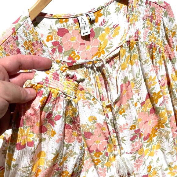 JOIE Women’s Boho Peasant Pink Floral Tassel Tie crinkle metallic top - Picture 2 of 3